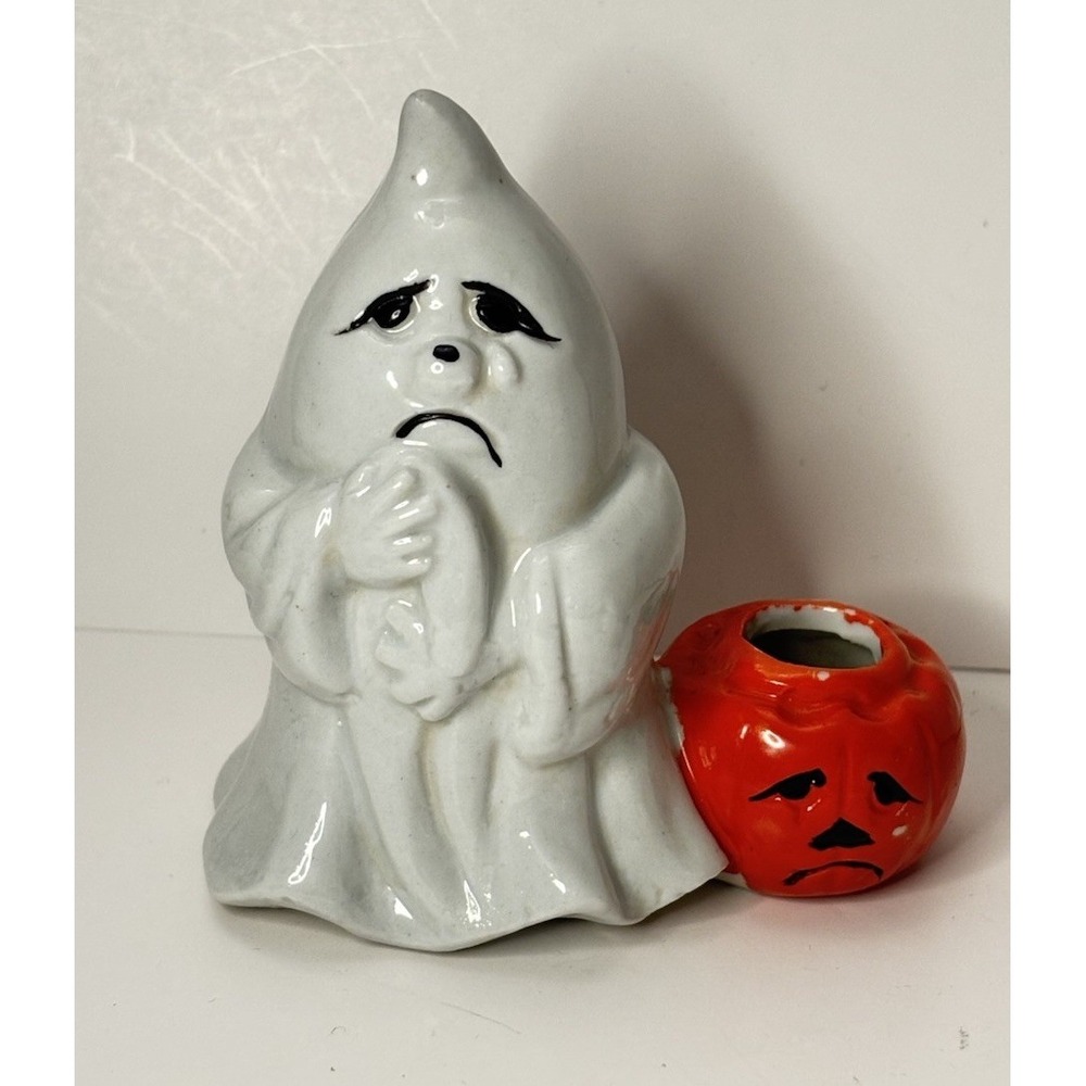 Vintage Halloween Ceramic Figurine Sad Ghost W/ Pumpkin Jack-o-lantern 3.5"